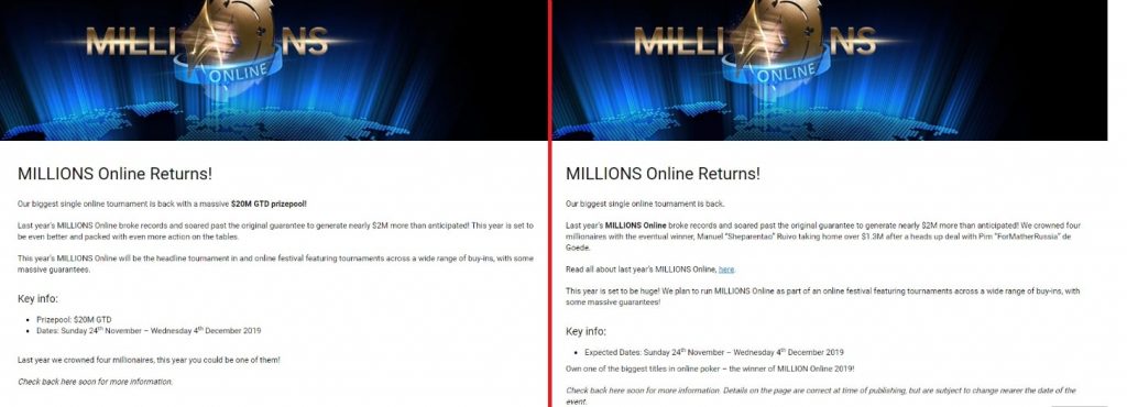 Прежняя и обновленная информация о MILLIONS Online